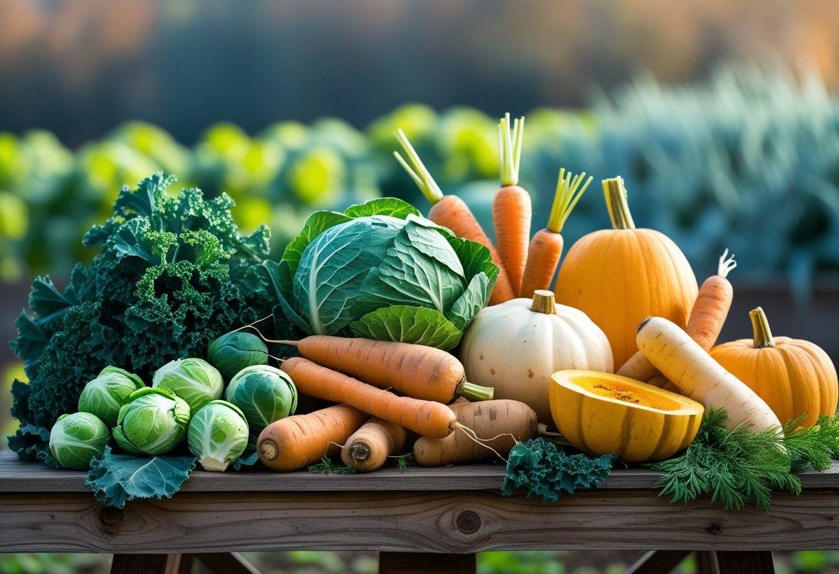 A wooden table displaying fresh cold hardy vegetables including kale, Brussels sprouts, cabbage, carrots, parsnips, and winter squash.
