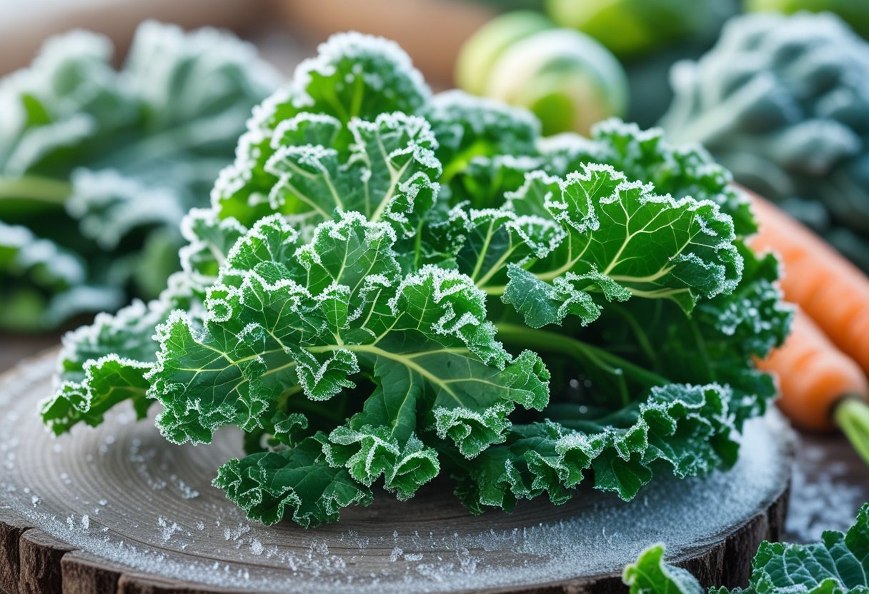 Close-up of frost-covered kale leaves with other winter vegetables blurred in the background.