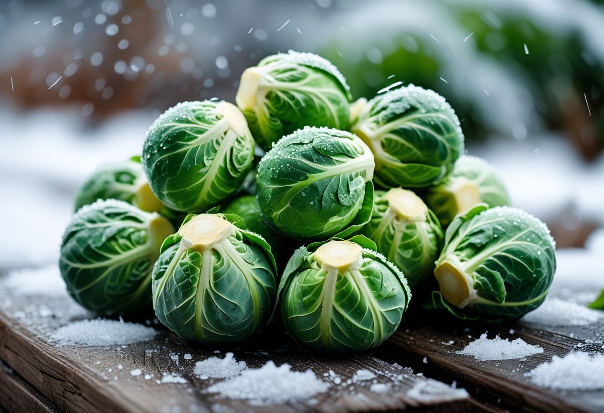 Fresh Brussels sprouts on a wooden surface with light snow and a blurred outdoor background.