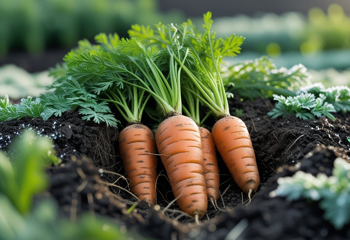 Fresh carrots partially underground with green tops and light frost on the soil in a garden setting.