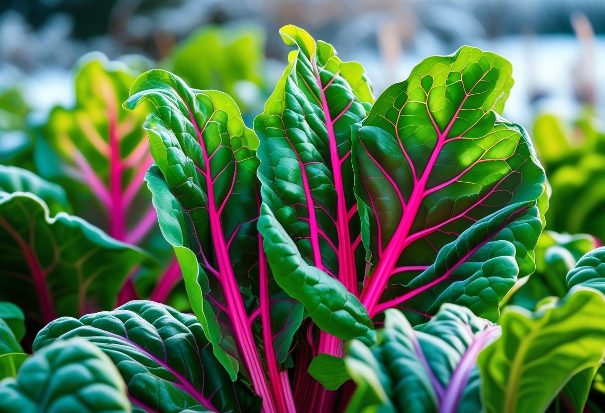 Close-up of colorful Swiss chard leaves growing in a winter garden with frosty background.