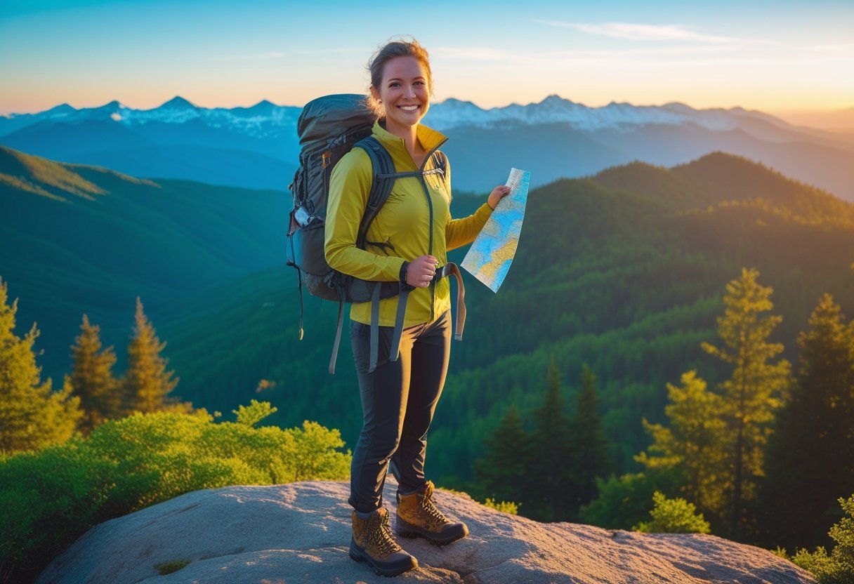 A woman in hiking gear stands on a mountain overlook with forests and mountains in the background during sunset.