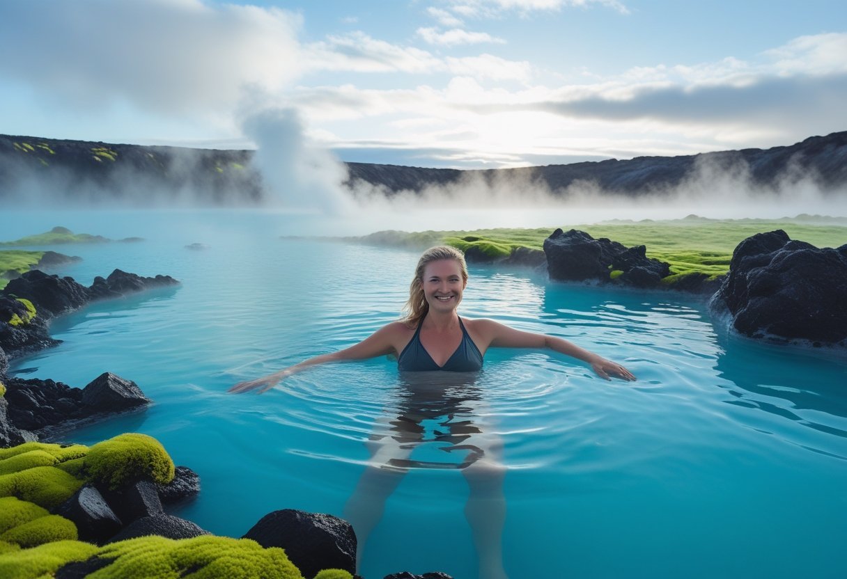 A woman relaxing in the milky blue geothermal waters of Iceland's Blue Lagoon surrounded by volcanic rocks and green moss with steam rising in the background.